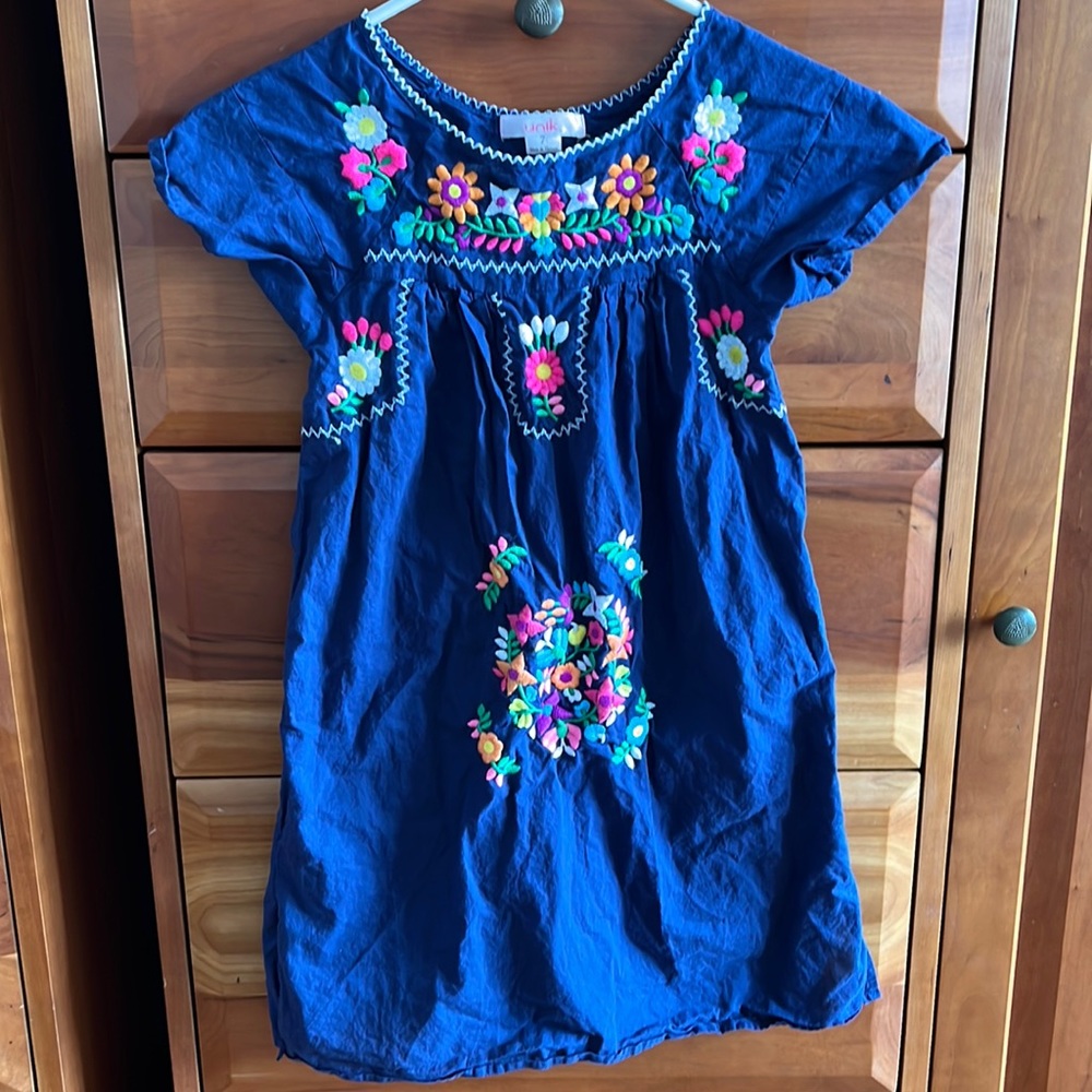 Unik Embroidered GIRL'S dress size 7 navy with colorful flowers